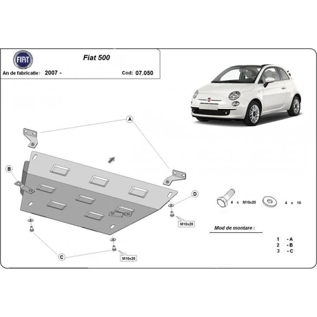 Fiat 500, 2007-2018 - Motorvédő lemez