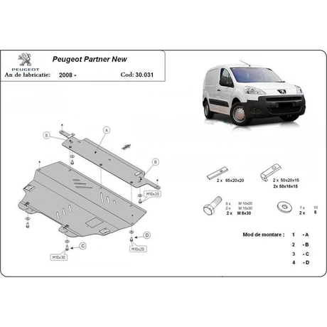 Peugeot Partner, 2008-2018 - Motorvédő lemez